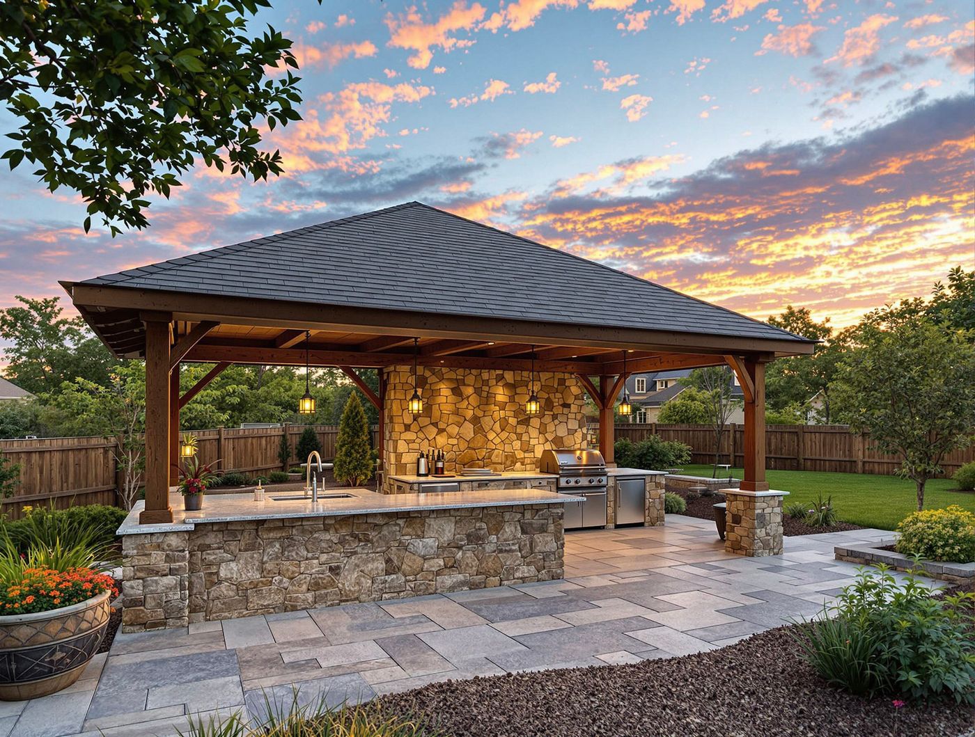 Stone Outdoor Kitchen Under Timber Pavilion at Sunset