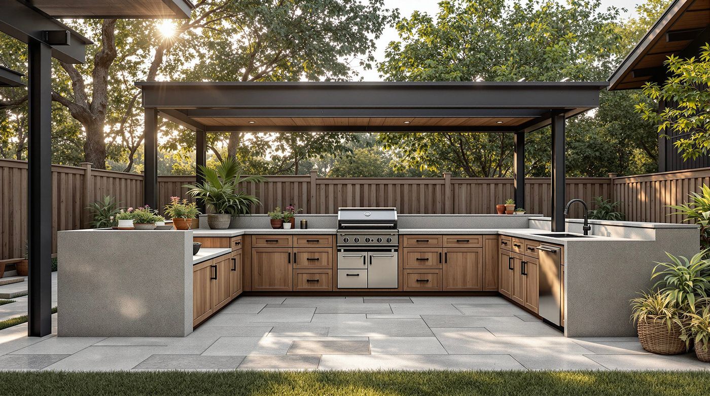 Wood Cabinet Kitchen Beneath Black Steel Pergola
