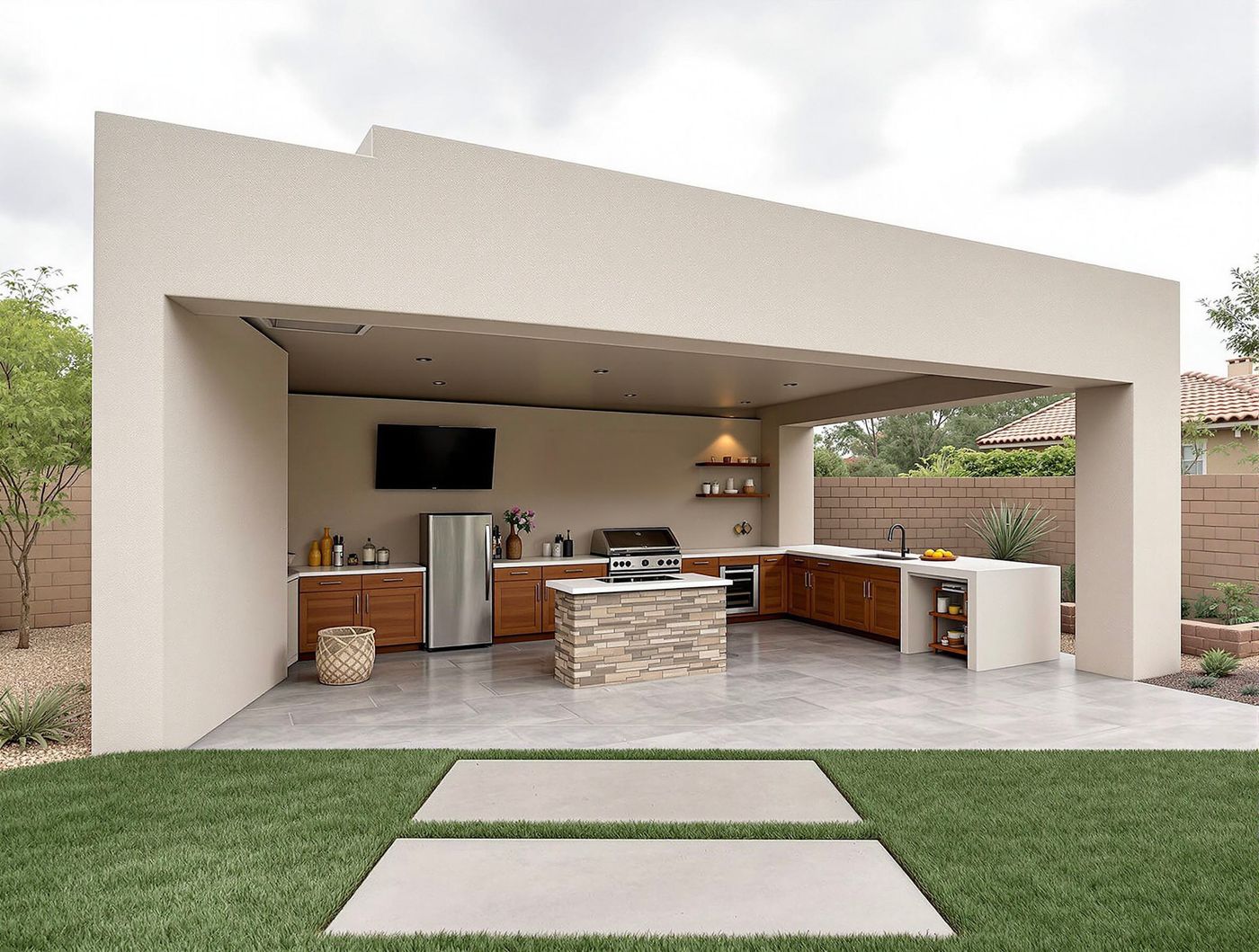 Stucco Cabana Kitchen with Stone Island