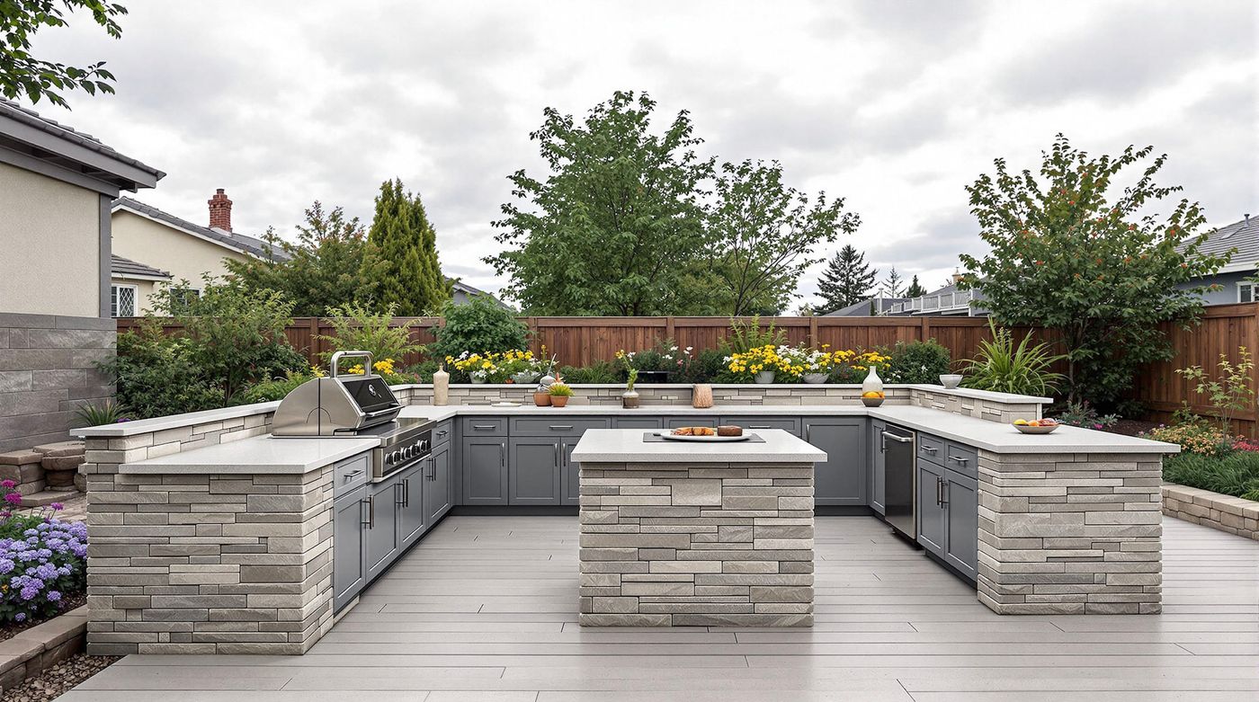 Gray Cabinet Kitchen with Stacked Stone Base
