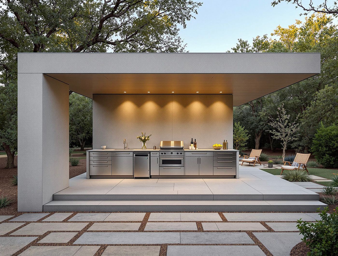 Stone Fireplace Kitchen with Timber Pergola