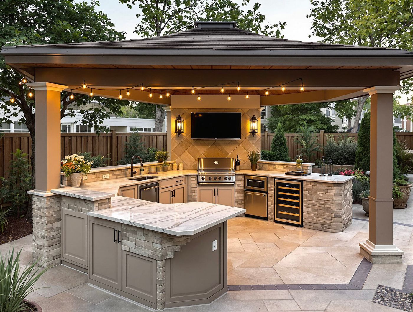 Marble Island Kitchen Under String-Lit Pavilion