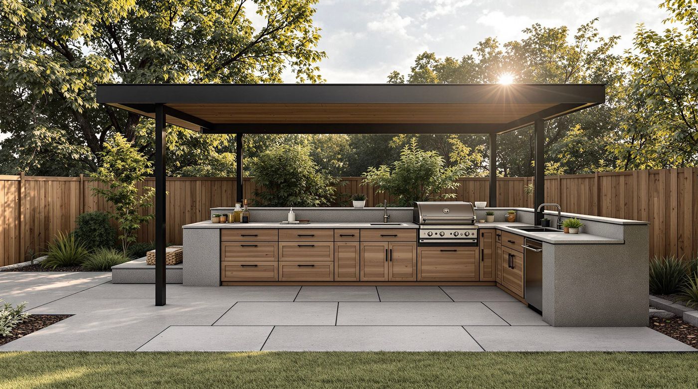 Wood Kitchen with Concrete Counters and Sun Flare