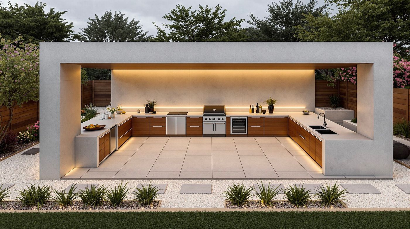 Concrete Pavilion Kitchen with Warm LED Lighting