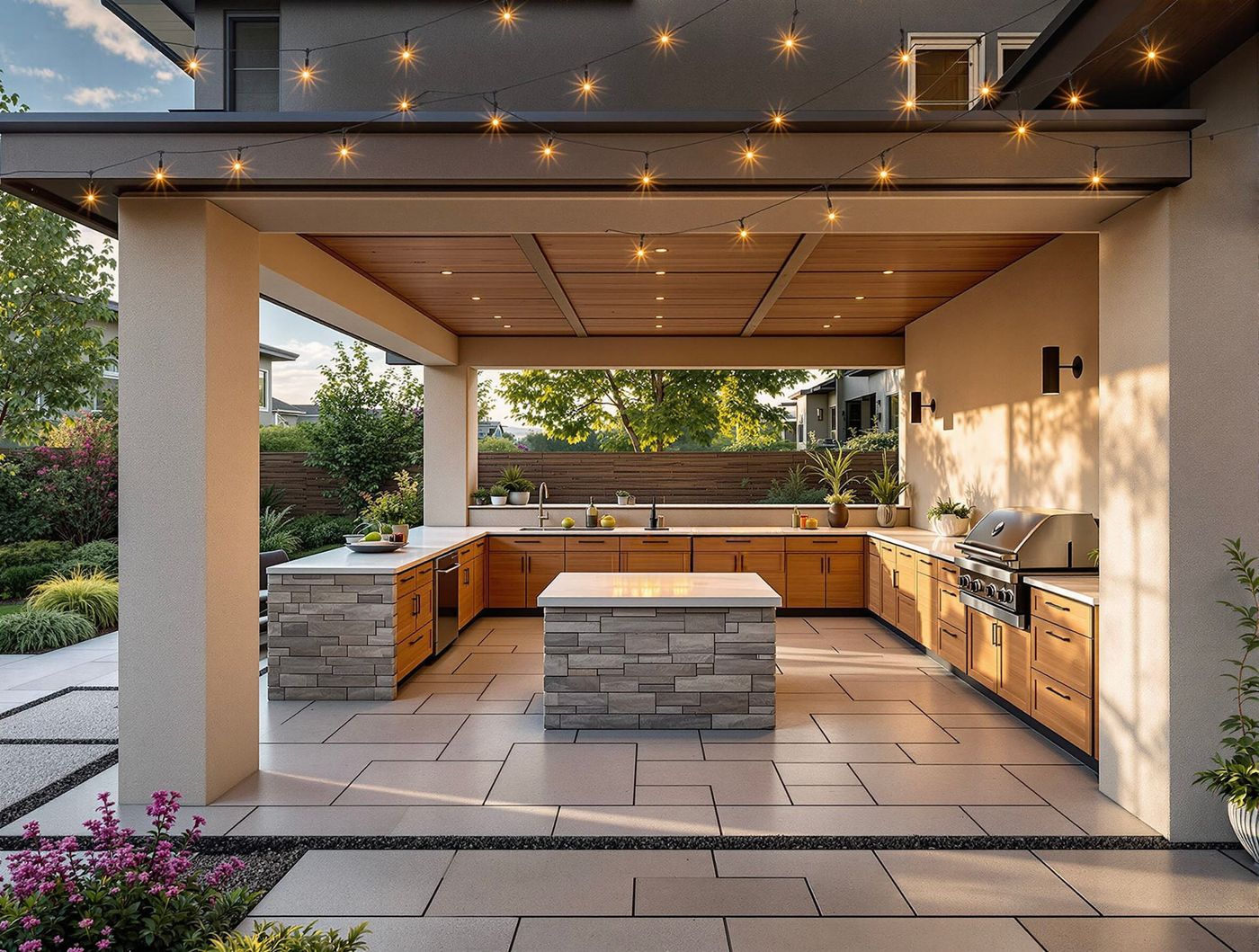 Wood Kitchen Pavilion with String Lights at Dusk