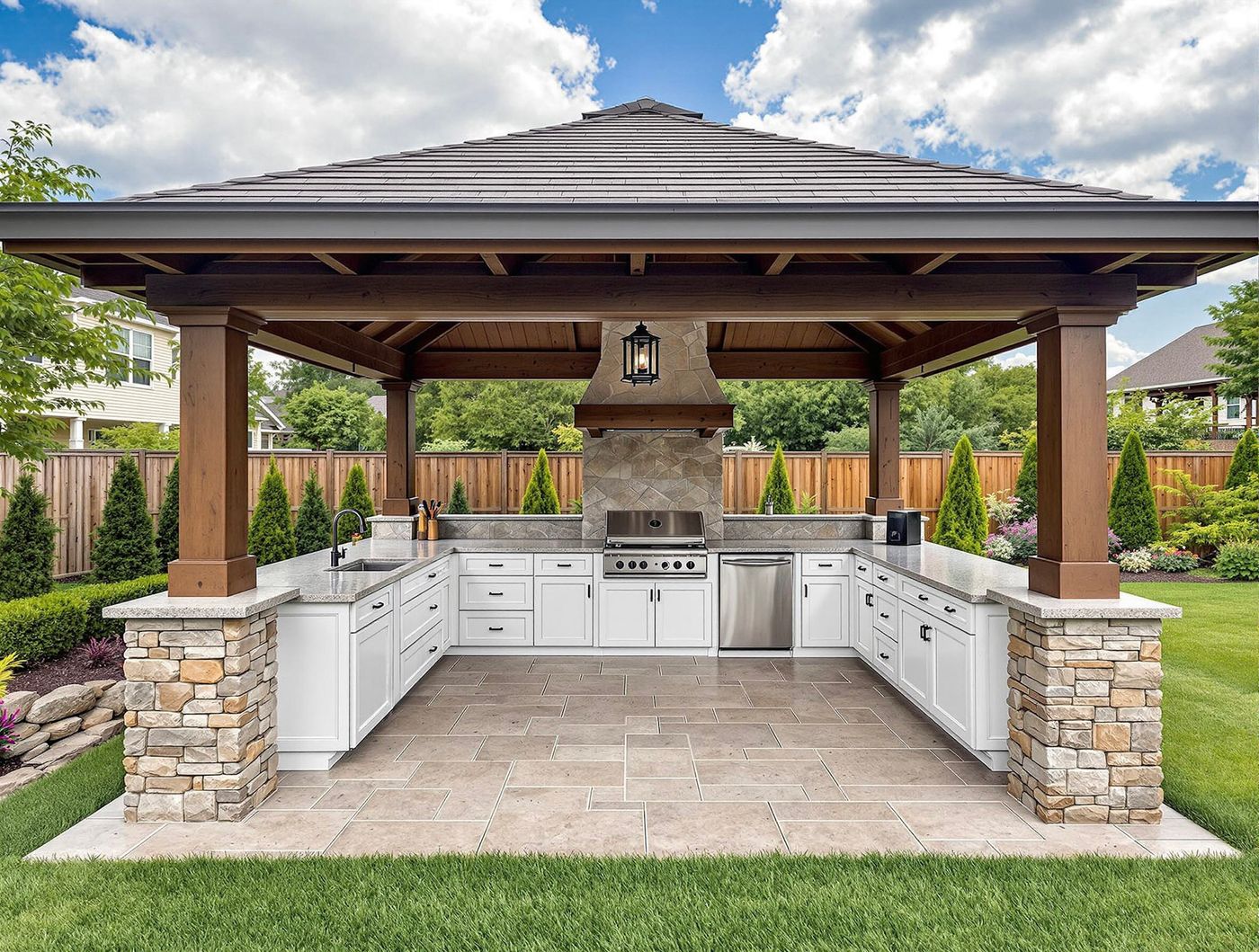 White Cabinet Kitchen with Stone Chimney Hood