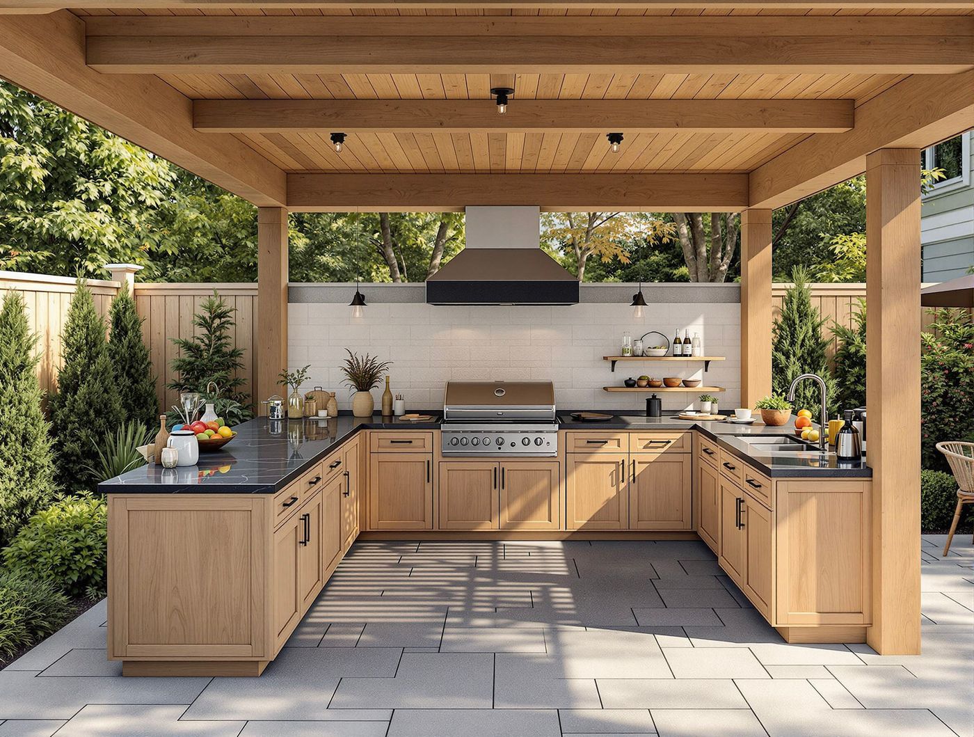 Light Wood Kitchen with Black Countertops