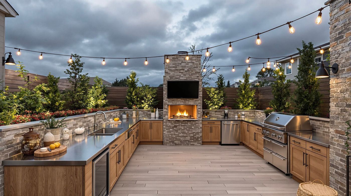 Stone Fireplace Kitchen with String Lights at Dusk