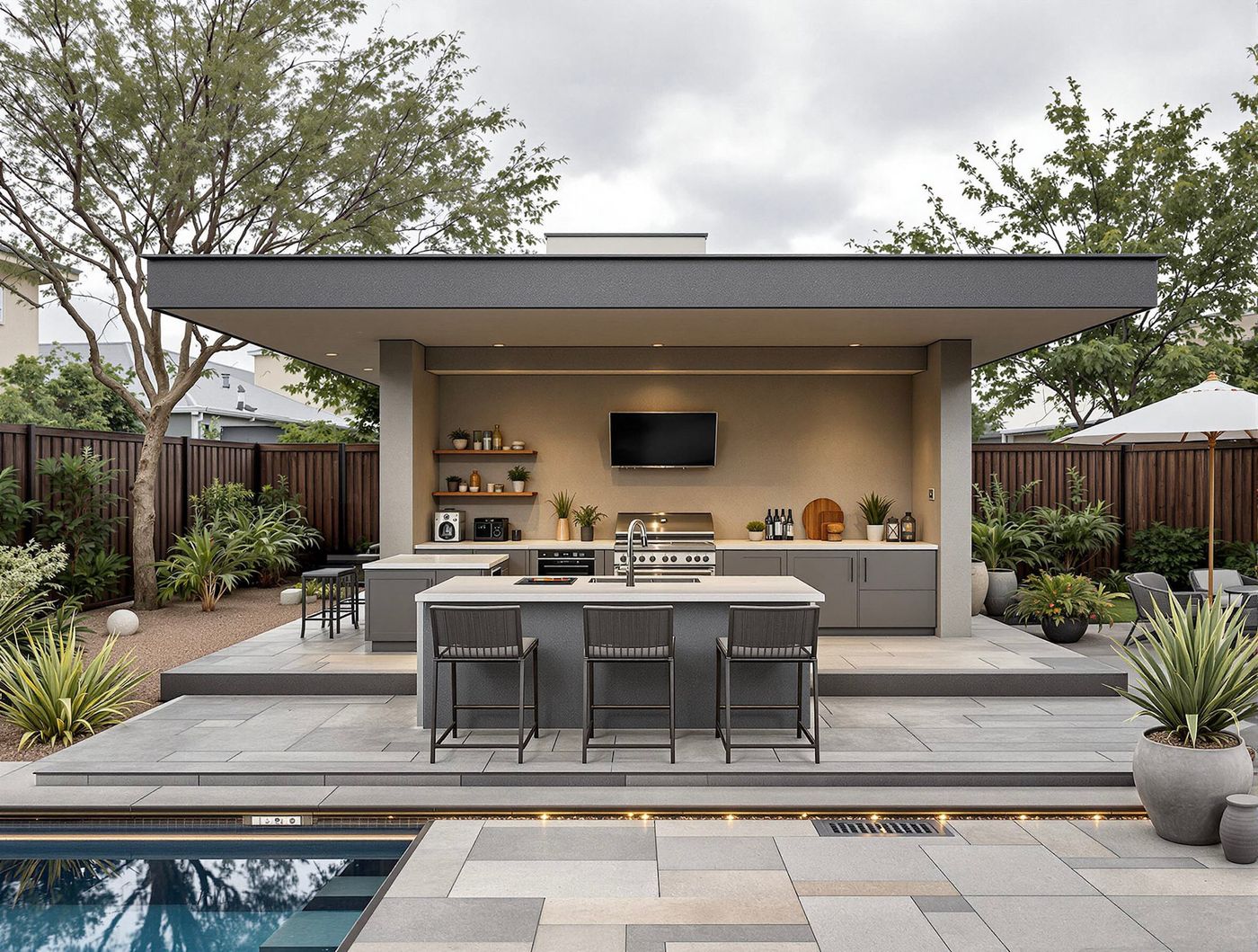 Gray Modern Kitchen Pavilion Beside the Pool