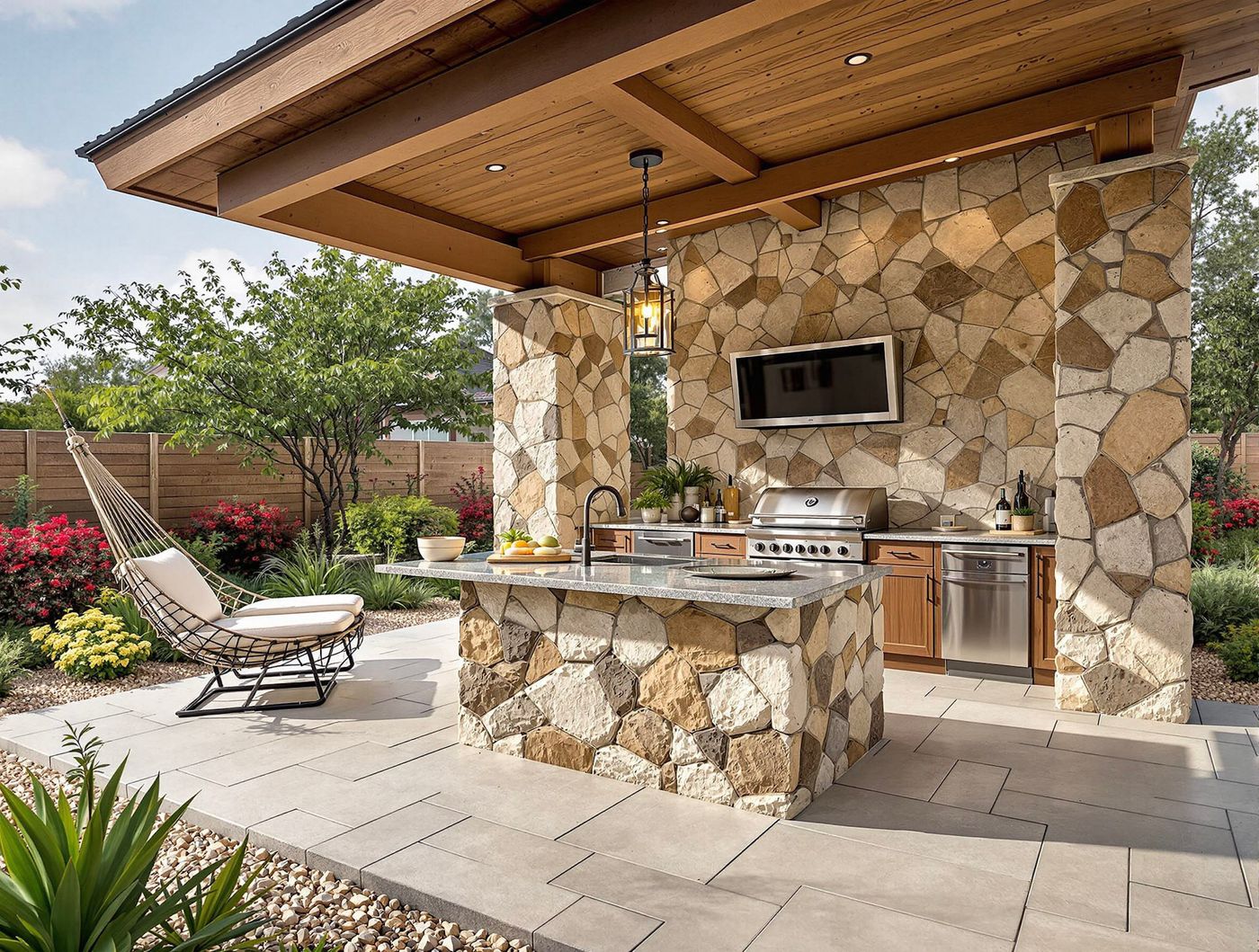 Stacked Stone Kitchen with Hammock Chair Lounge