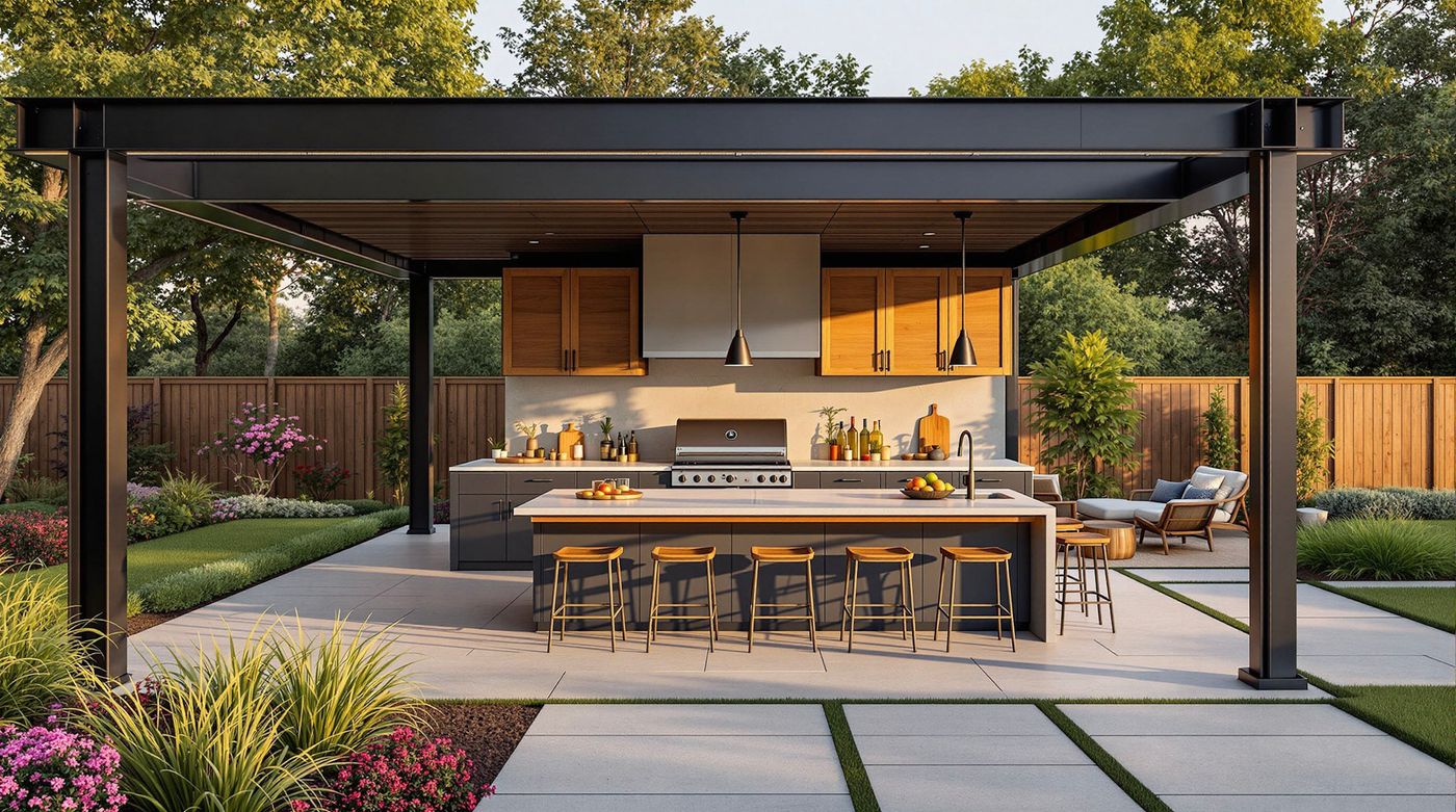 Modern Black Pergola Kitchen with Bar Seating