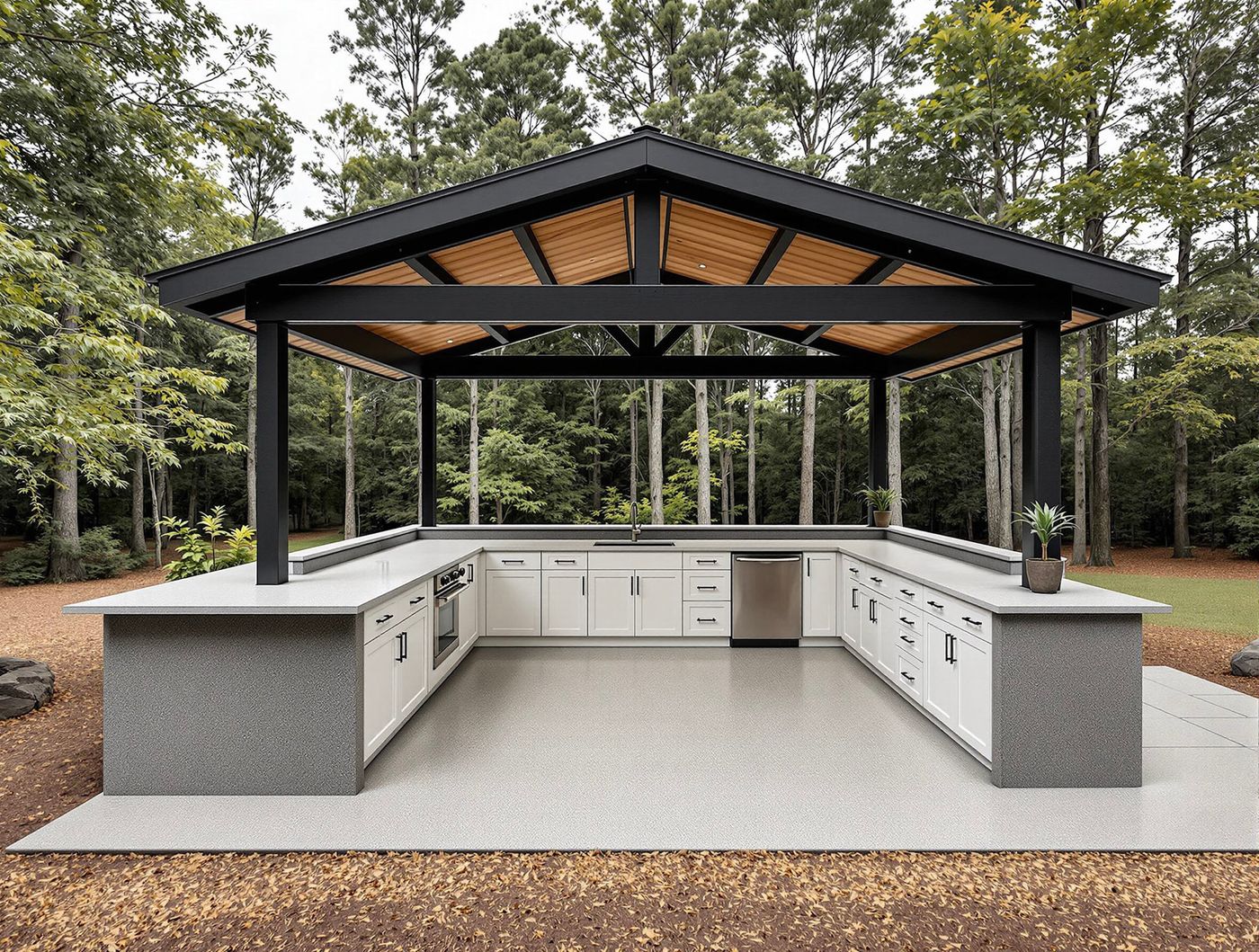 Modern Pavilion Kitchen with White Cabinets