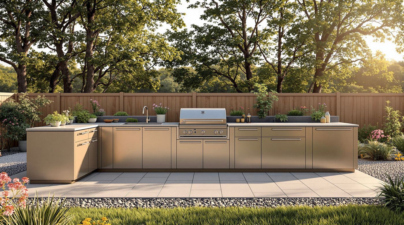 Bronze Metal Outdoor Kitchen on Gravel Patio