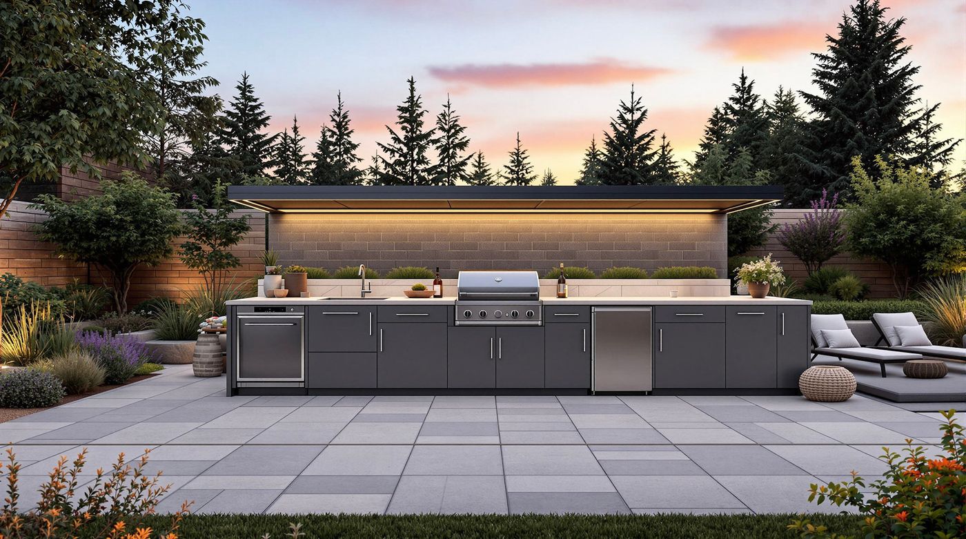 Charcoal Outdoor Kitchen with Linear LED Lighting