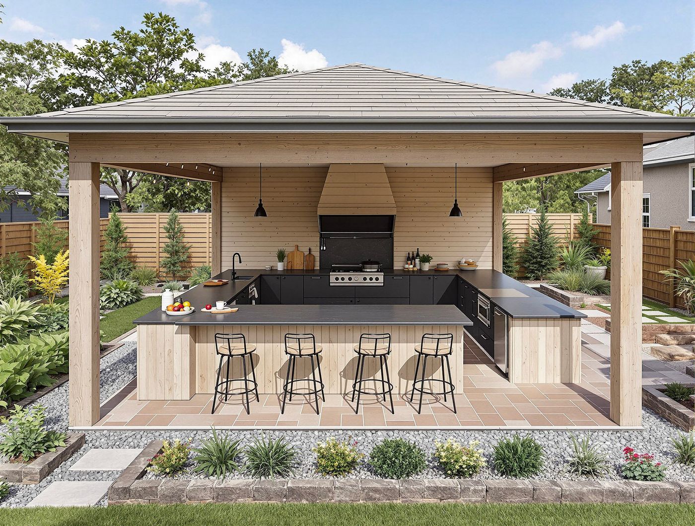 Light Wood Pavilion Kitchen with Black Cabinetry