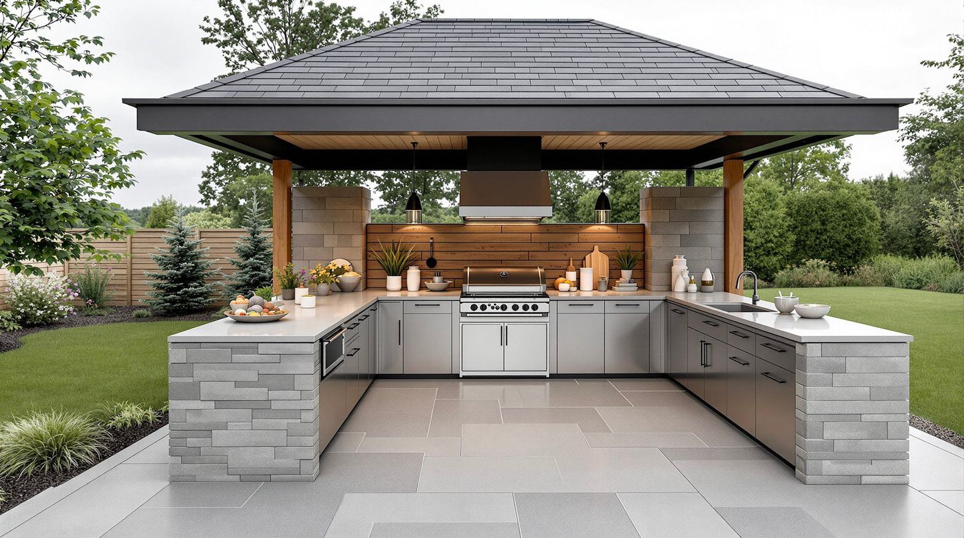 Gray Stone Kitchen Island Under Gable Pavilion