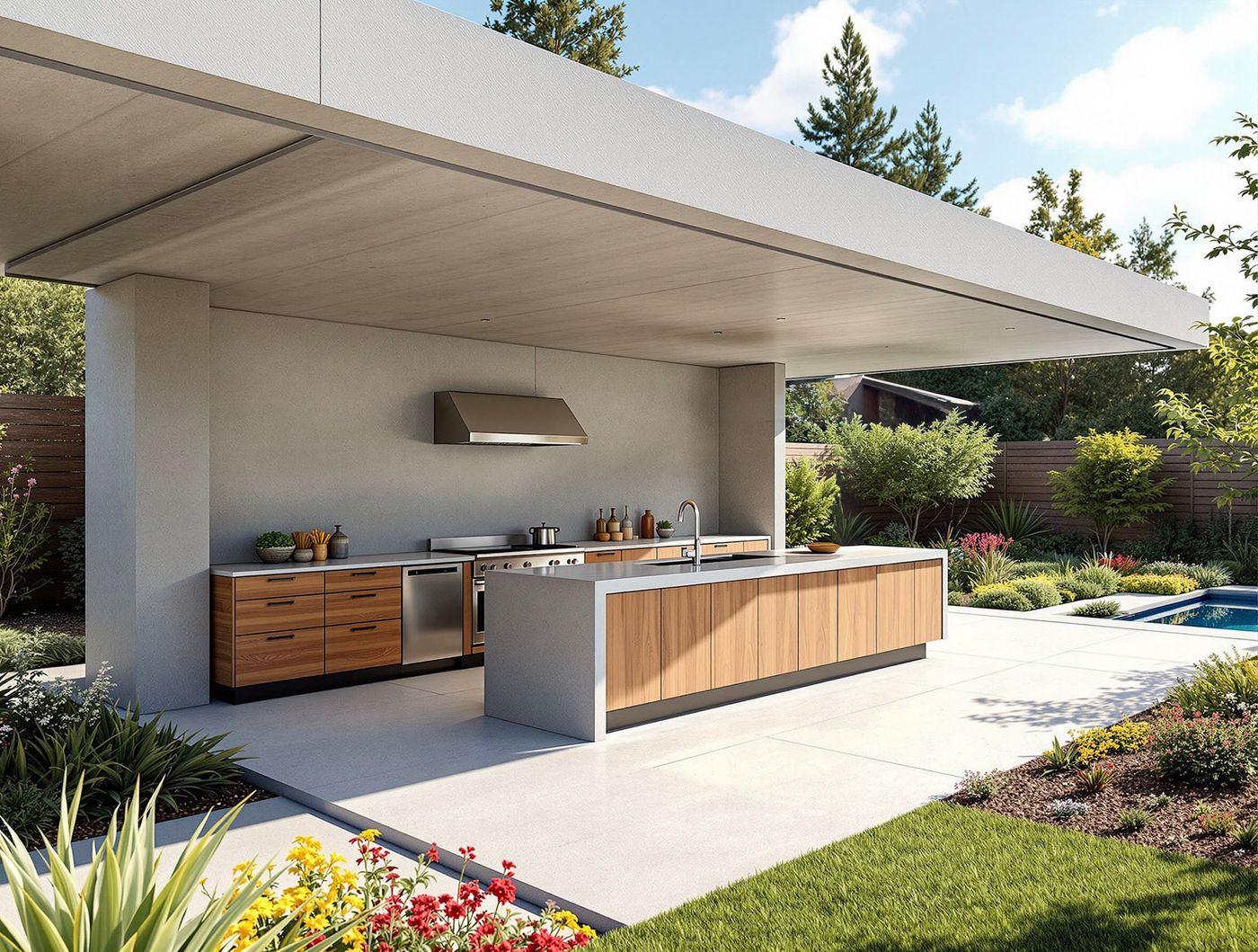 Minimalist Concrete Kitchen Overlooking the Pool