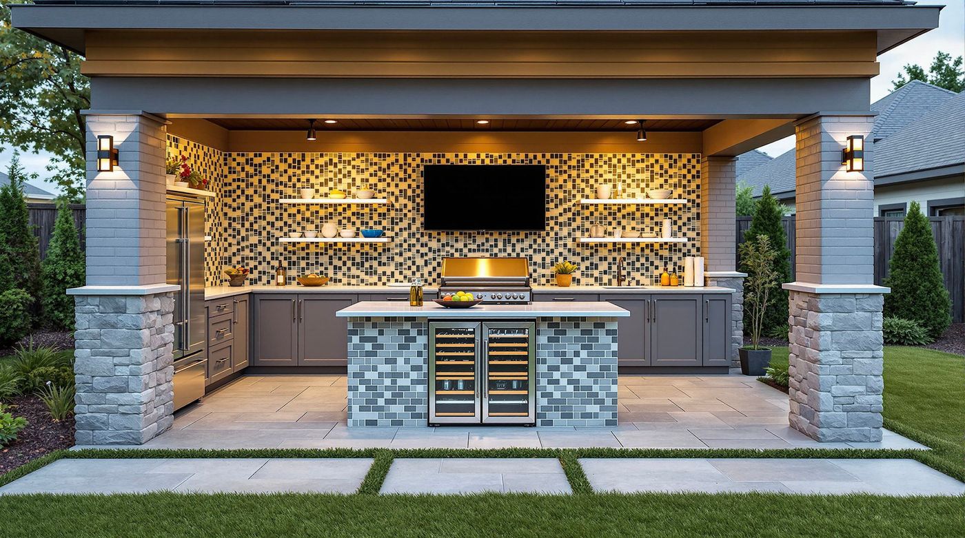 Mosaic Tile Kitchen with Mounted TV