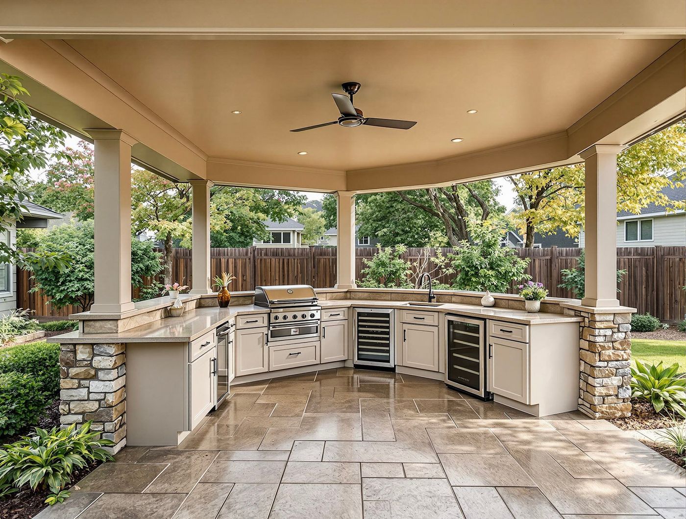Covered Patio Kitchen with Stone-Base Columns