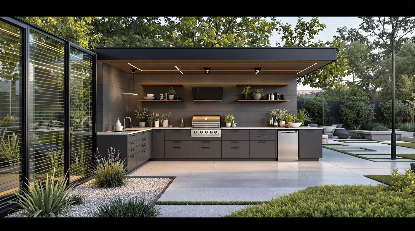 Dark Minimalist Kitchen with Glass Wall Backdrop
