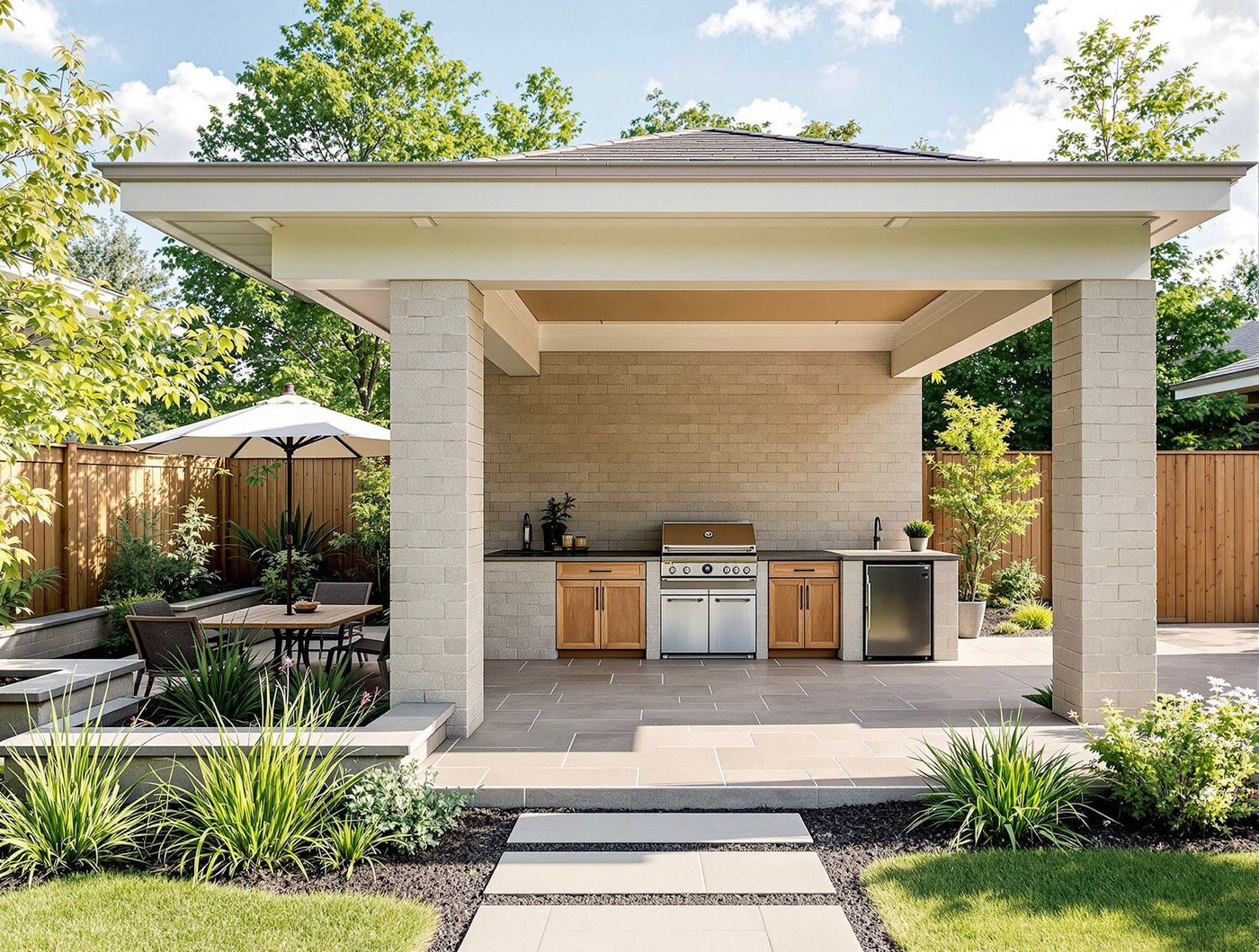 Hip-Roof Pavilion Kitchen with Wood Cabinetry