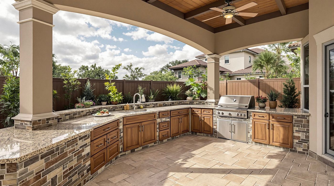 Arched Pergola Kitchen with Granite Bar