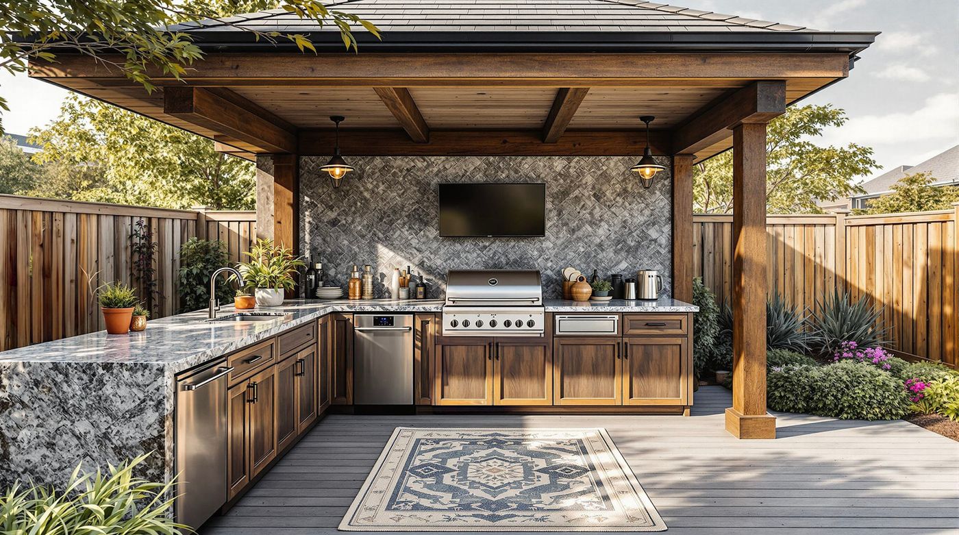 Timber-Beam Kitchen with Granite Waterfall Counter