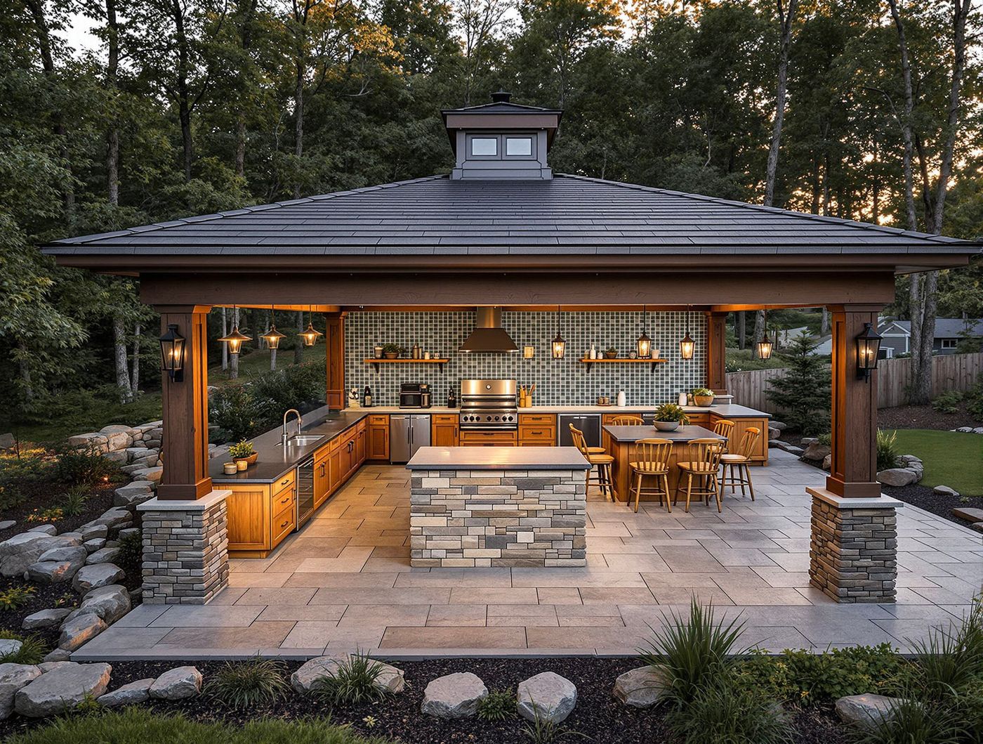 Cupola-Topped Pavilion Kitchen with Stone Island