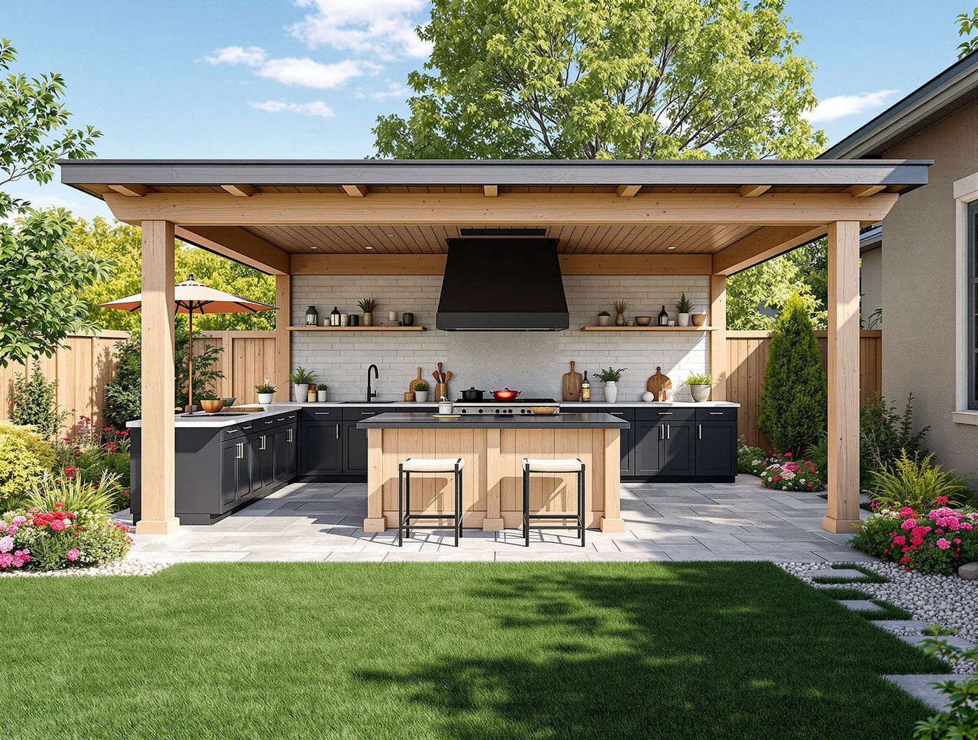 Wood Pavilion Kitchen with Turf Lawn Backdrop