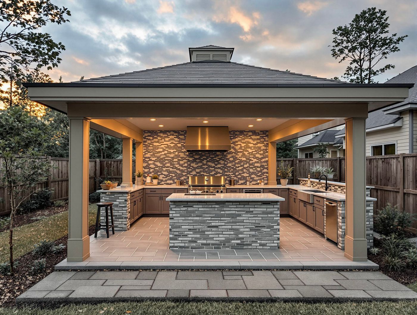 Gray Mosaic Tile Kitchen Under Cupola Pavilion
