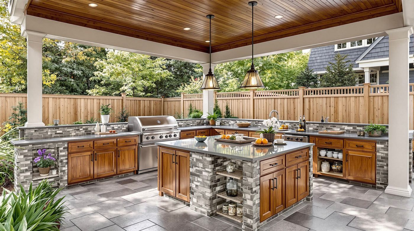 Wood-Ceiling Kitchen with Stone Tile Island