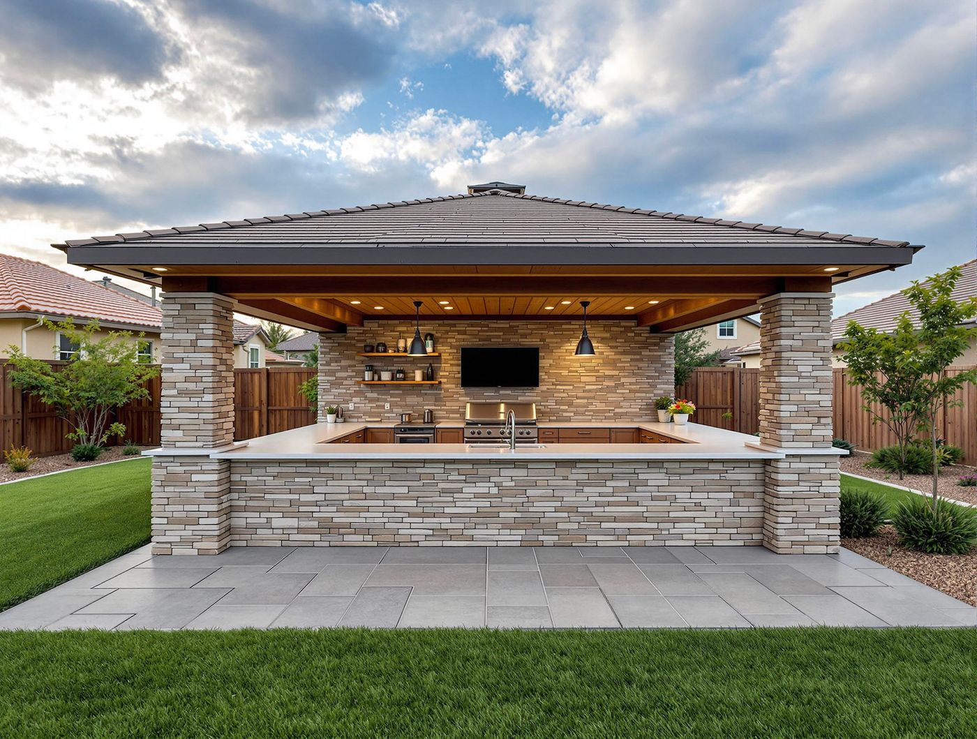 Stacked Stone Kitchen with Wood Ceiling Accent