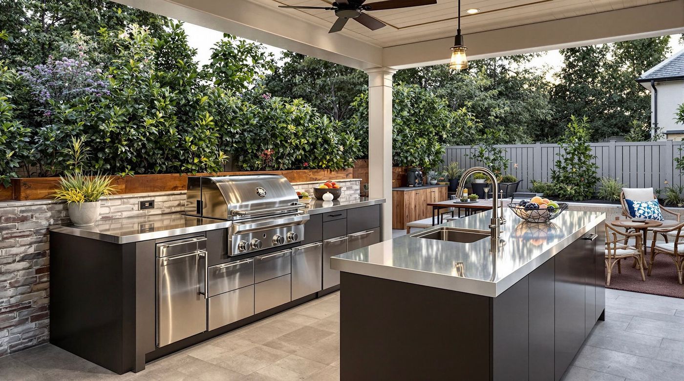 Stainless Steel Kitchen Island Under Covered Patio