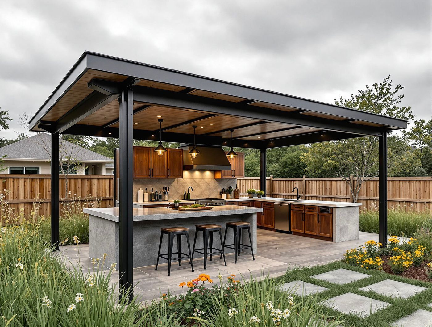 Black Steel Pavilion Kitchen with Stone Island
