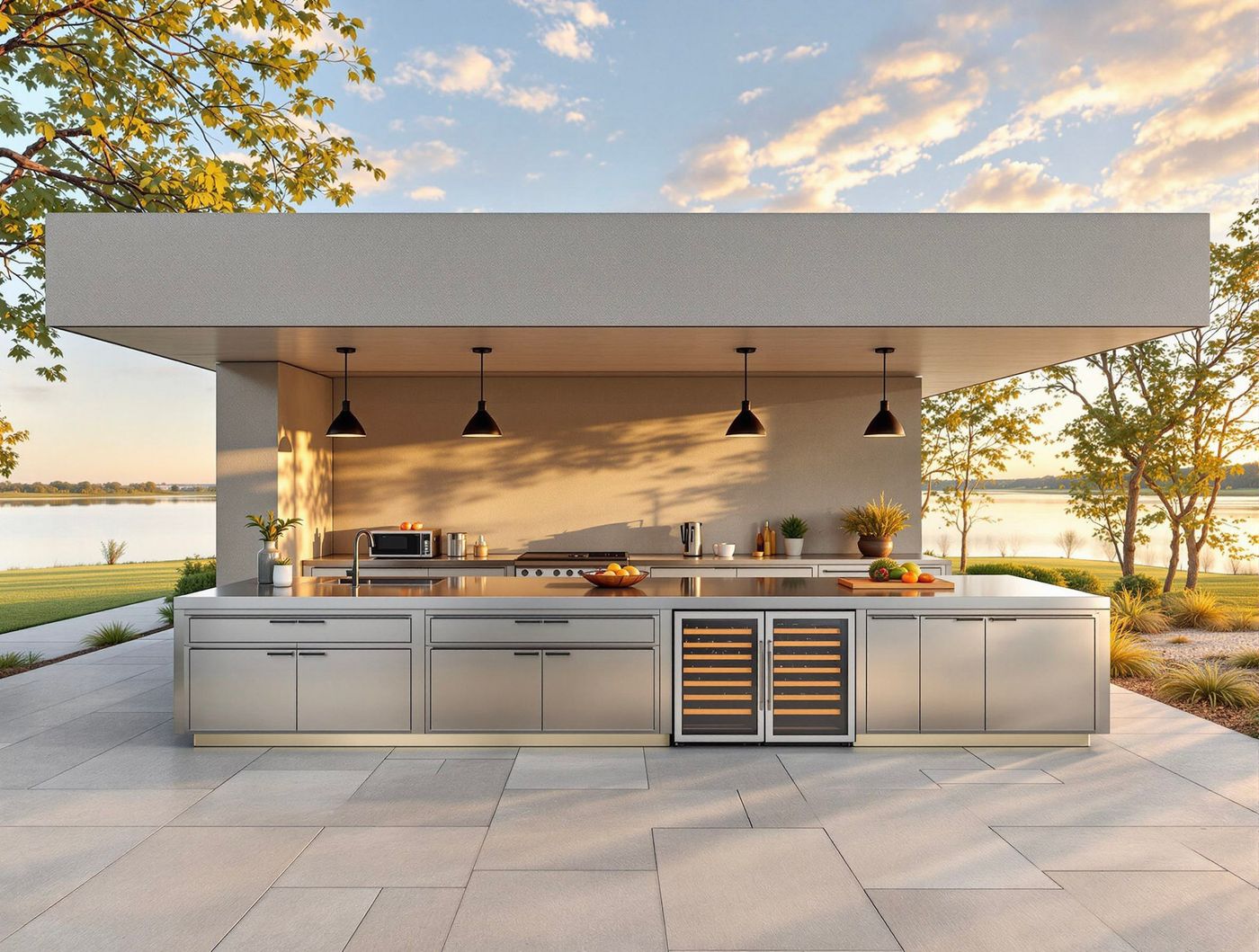 Stainless Lakeside Kitchen at Sunset