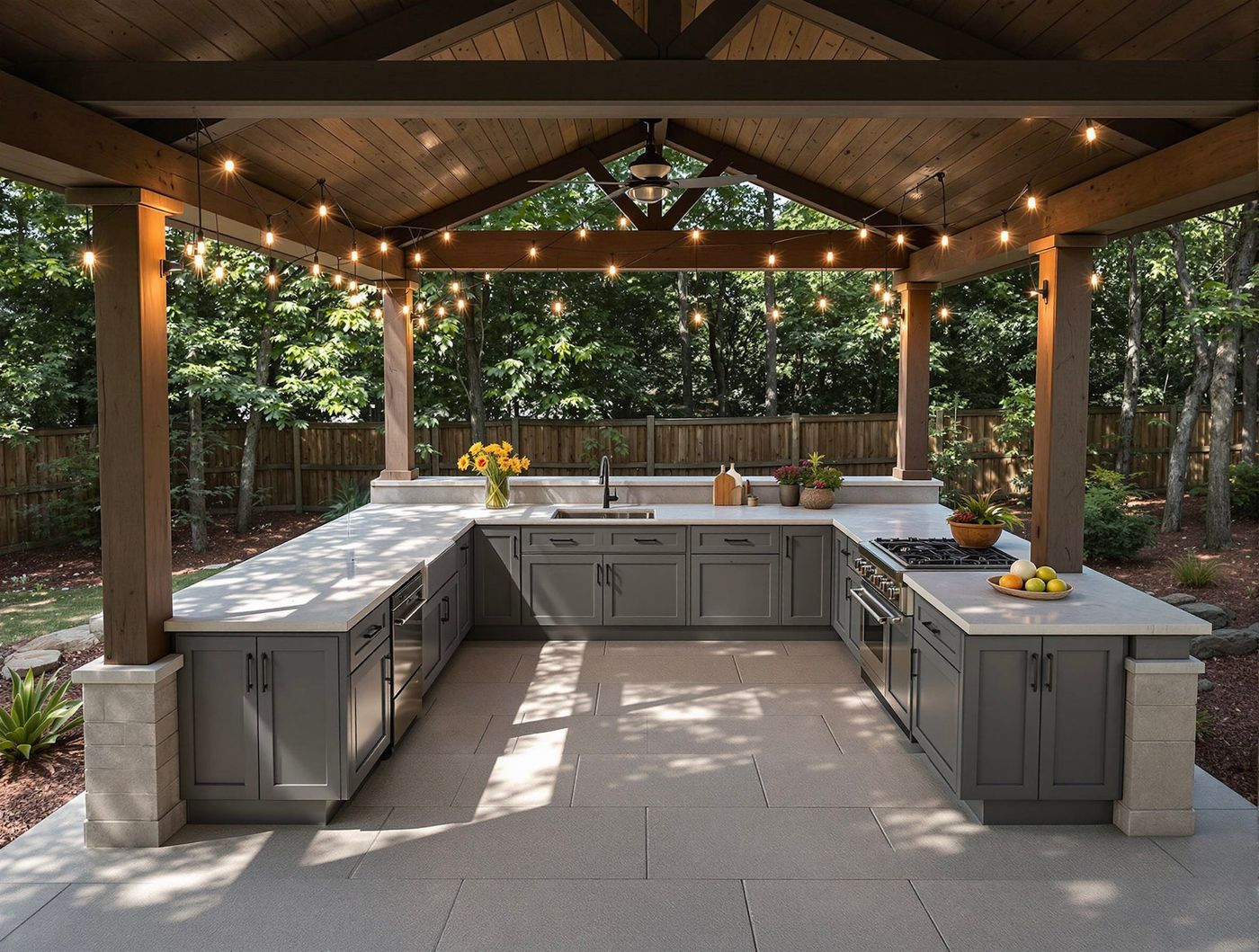 Gray Kitchen Under Vaulted Wood Ceiling
