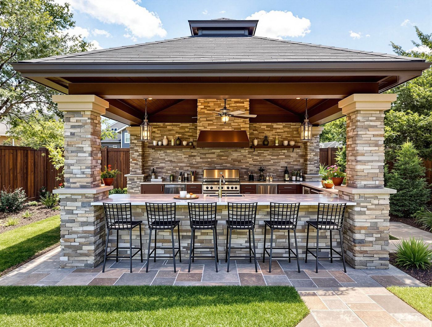 Stone Pavilion Kitchen with Copper Hood