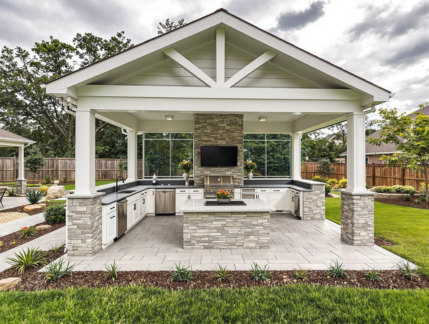 White Gable Pavilion Kitchen with Stone Accent
