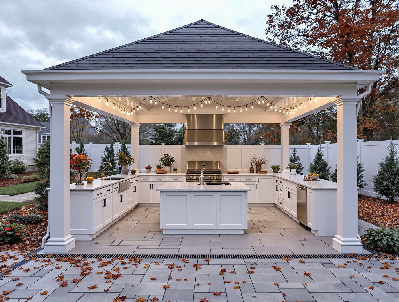 White Hip-Roof Kitchen with Fall Leaves