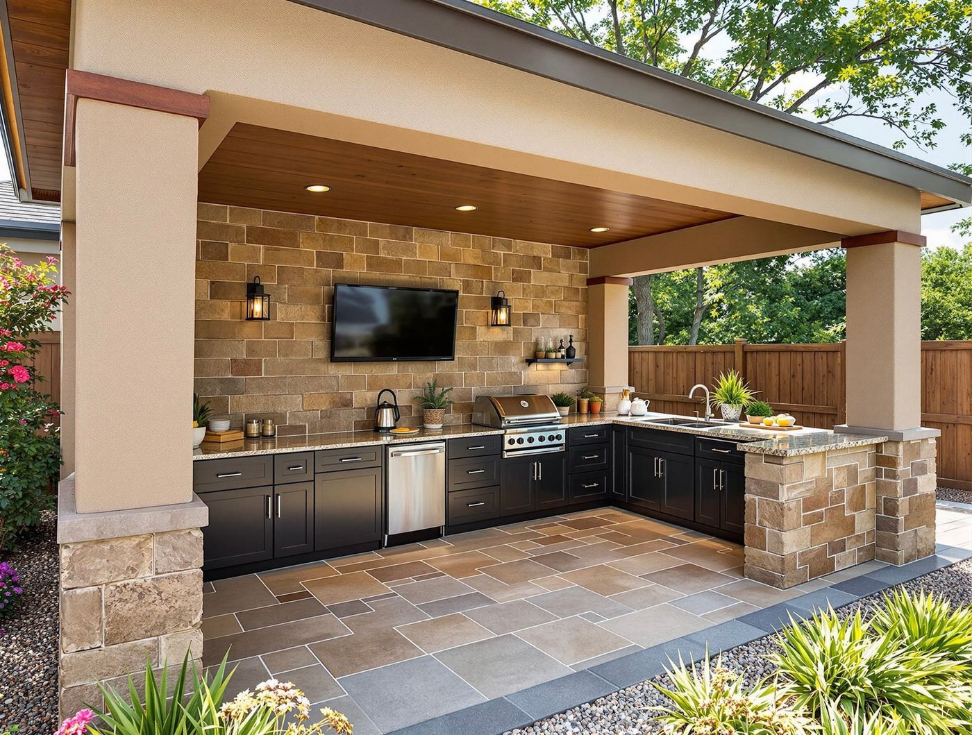 Black Cabinet Kitchen with Stone Columns