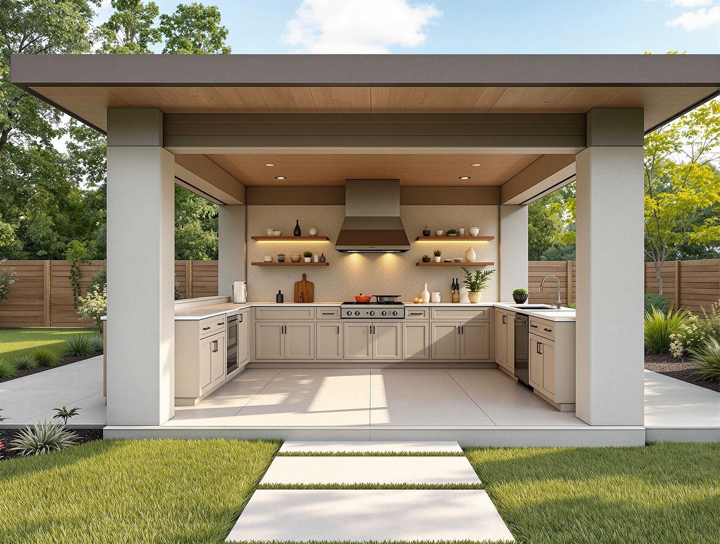 Taupe Kitchen with Floating Wood Shelves