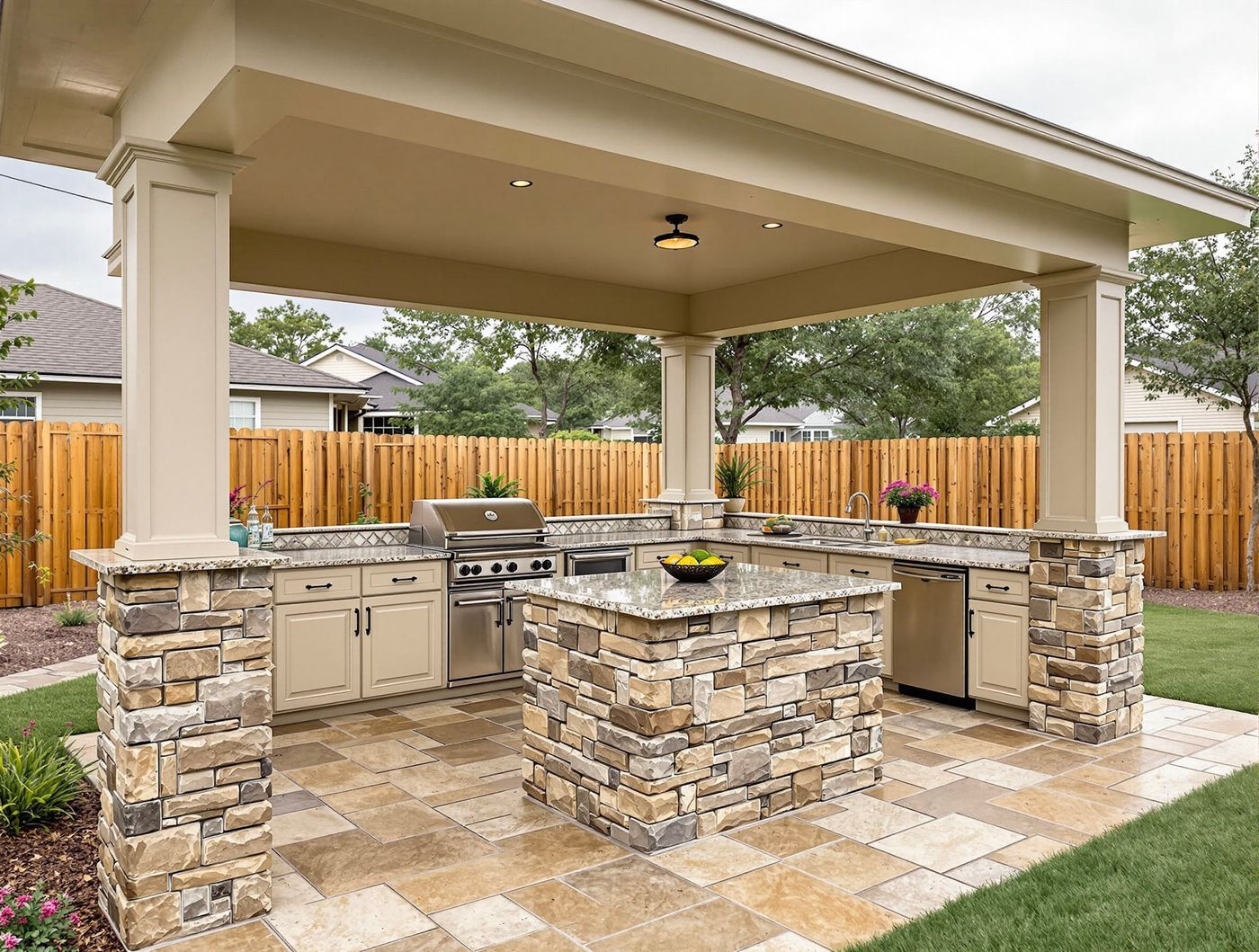 Stone Column Kitchen with Fruit Bowl Island