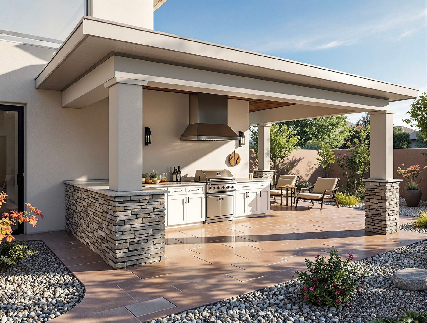 Stucco Kitchen with Stacked Stone Base