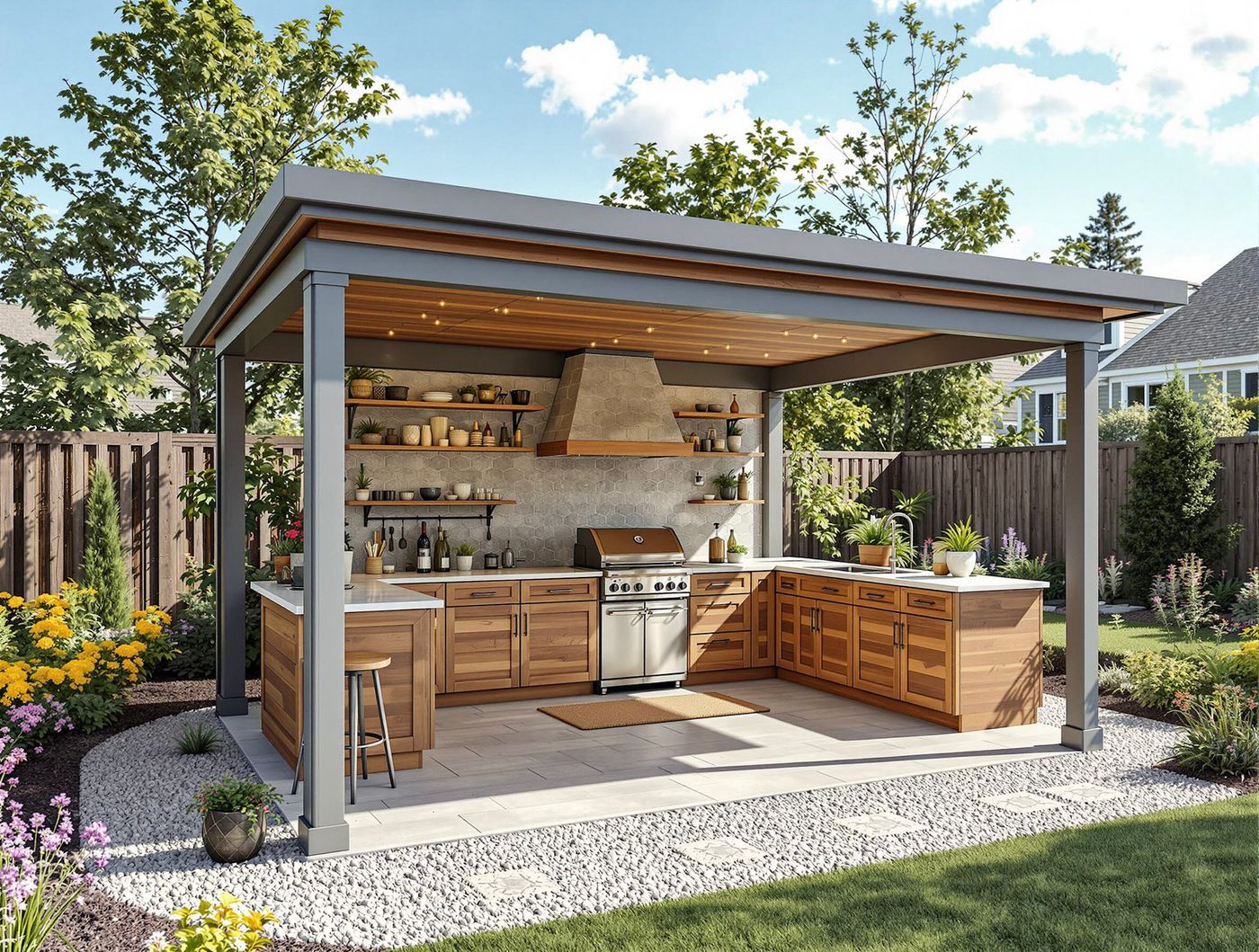 Gray Pavilion Kitchen with Slat Ceiling