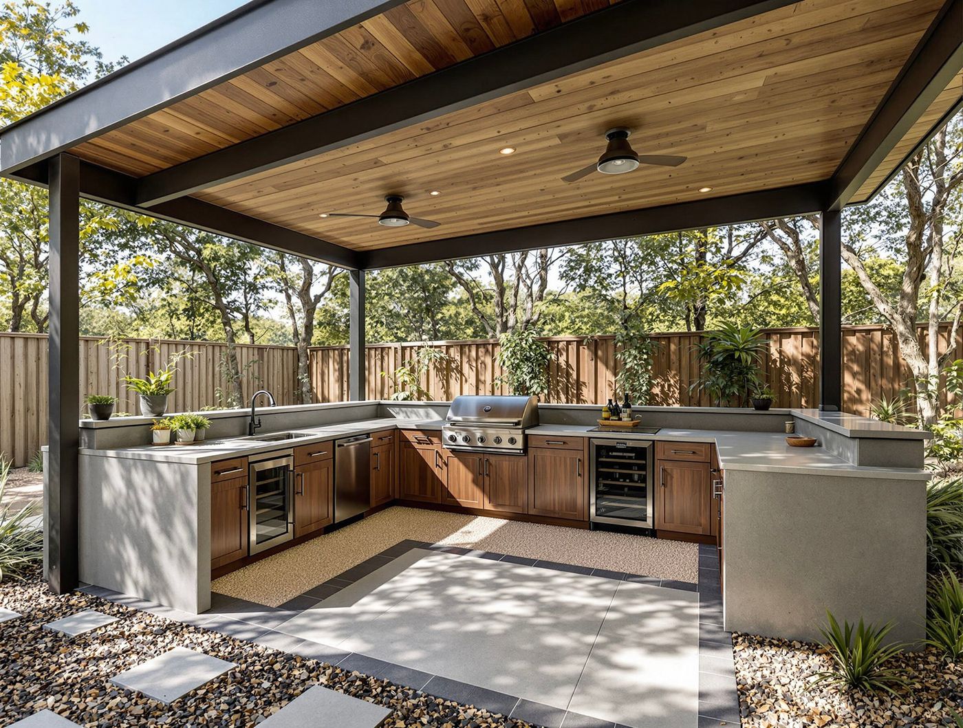 Modern Pavilion Kitchen with Wood Ceiling