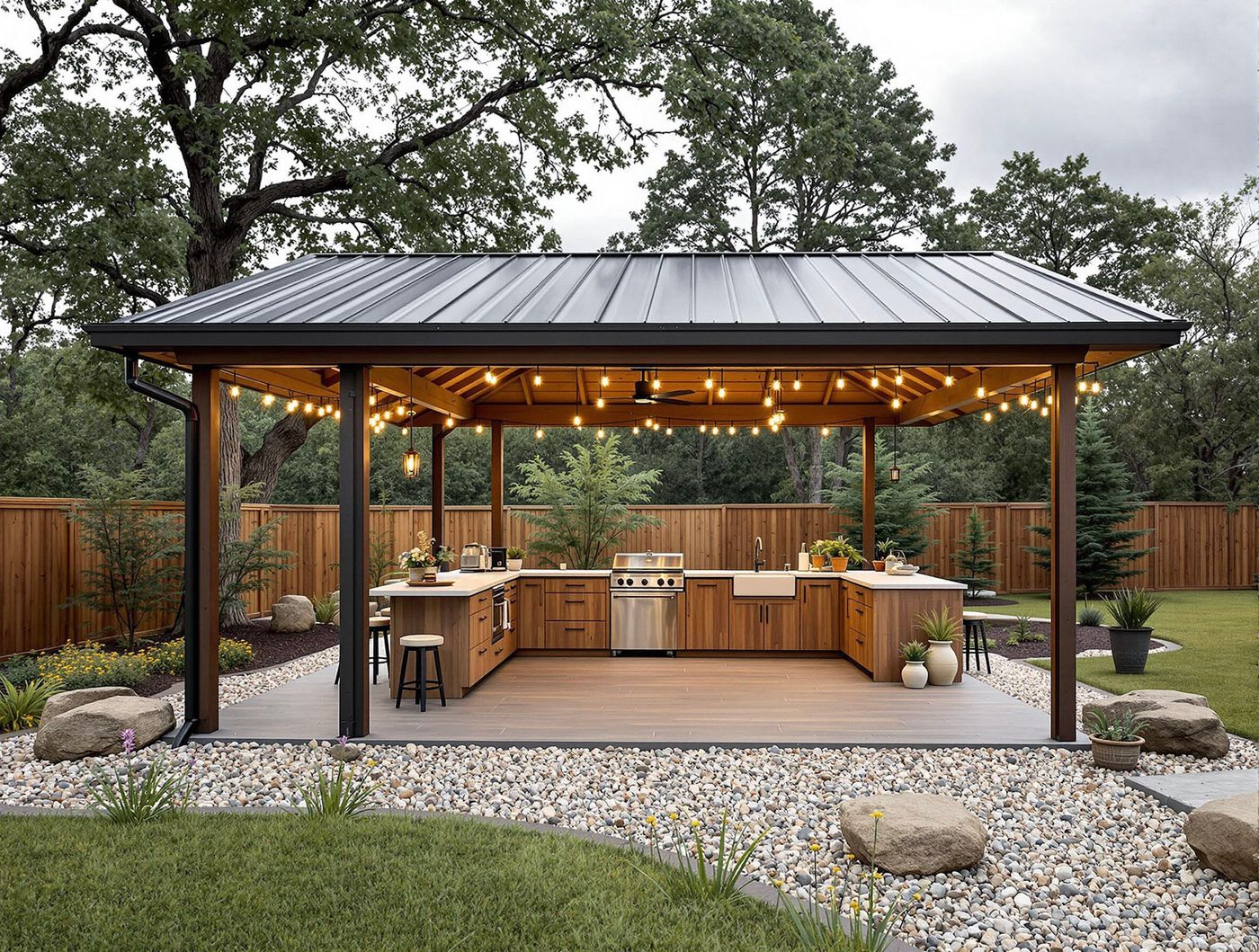 Gray Metal Roof Kitchen with String Lights