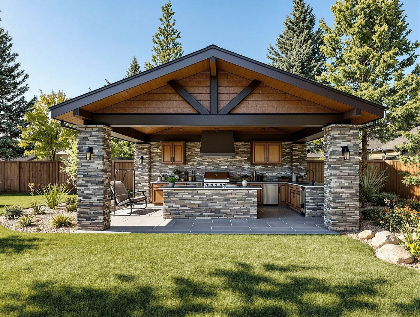 Timber Frame Kitchen with Stone Columns