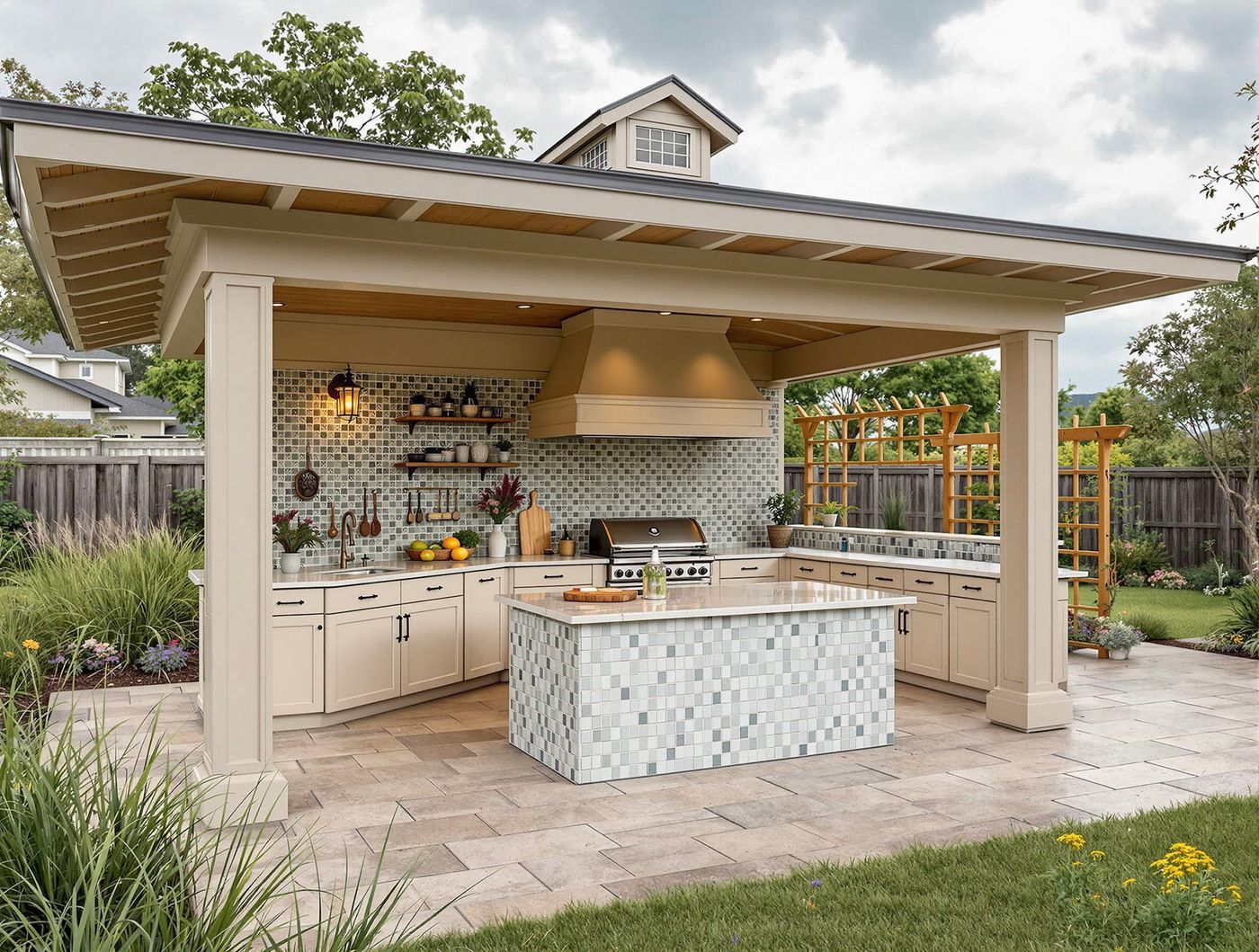 Tan Kitchen with Mosaic Tile Backsplash