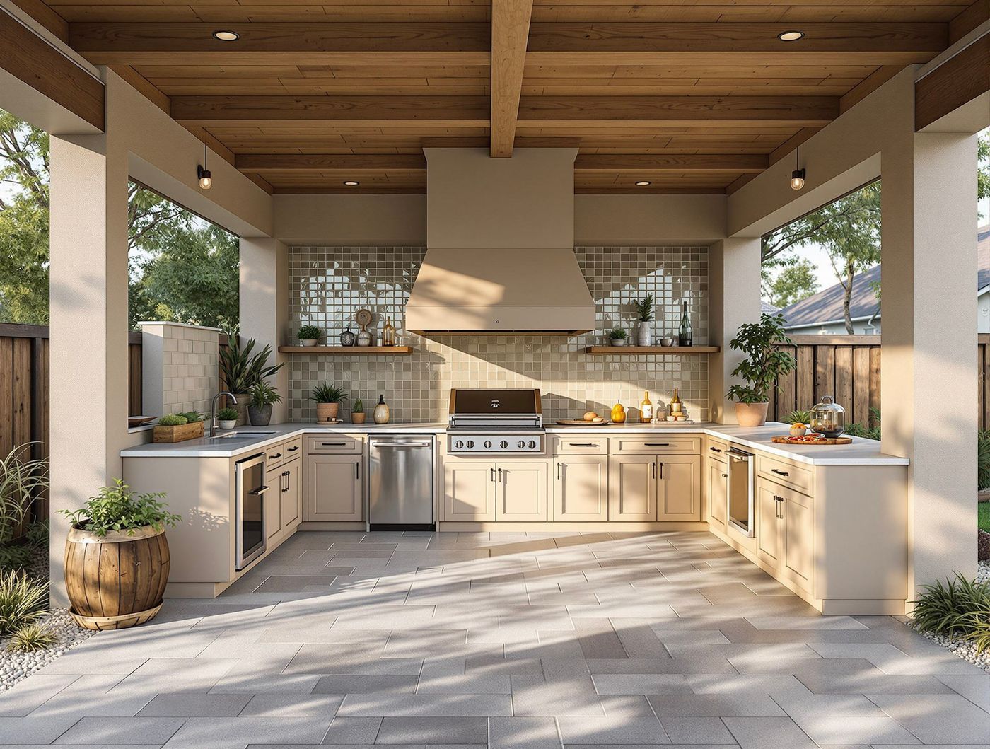 Beige Stucco Kitchen with Wood Beams