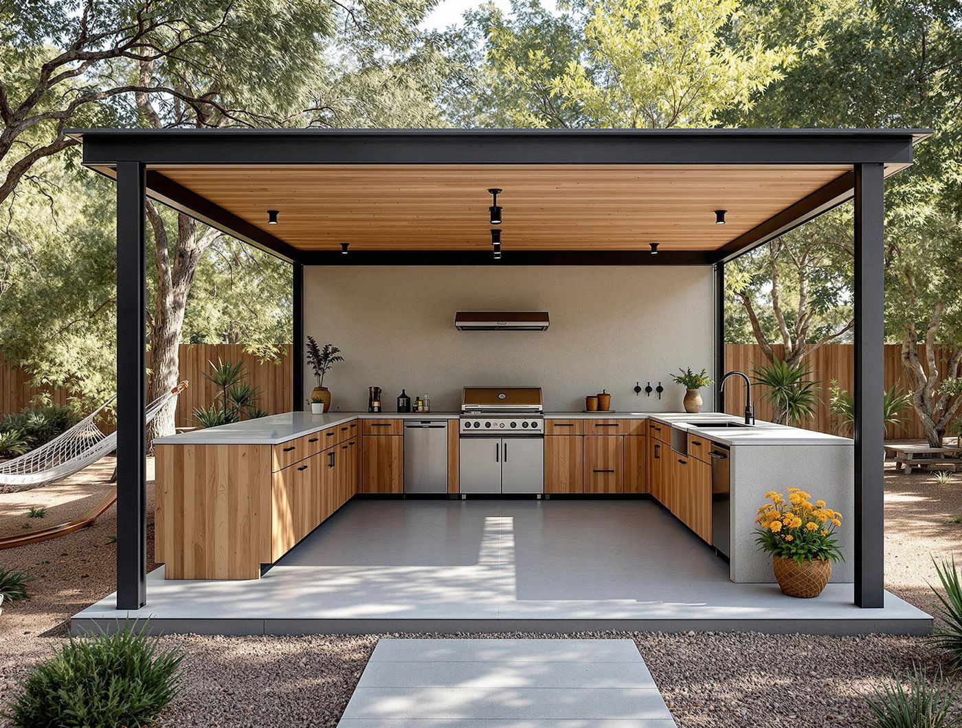 Modern Black-Frame Kitchen with Hammock